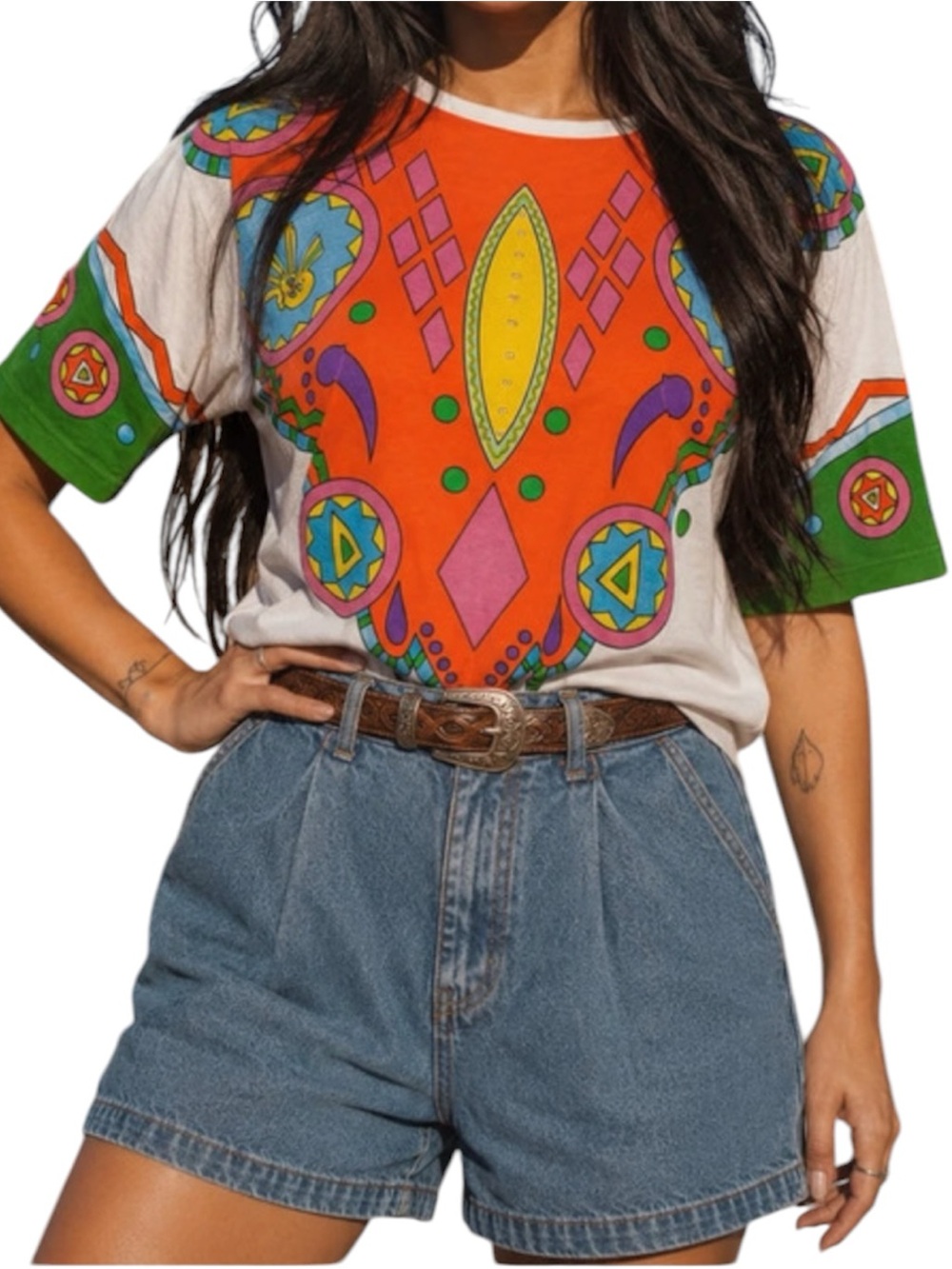 Vintage Colorful Southwestern Tee M Boho Western Santa Fe Desert Cowgirl